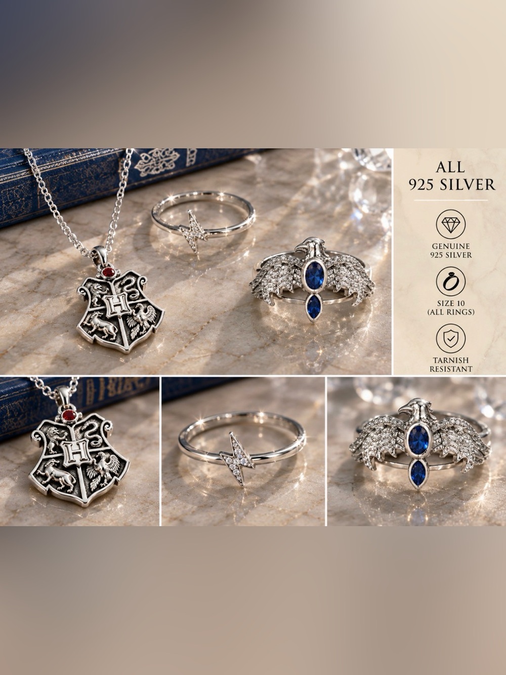 Harry Potter Hogwarts Crest & Blue Gem 925 Silver Jewelry Set - Women